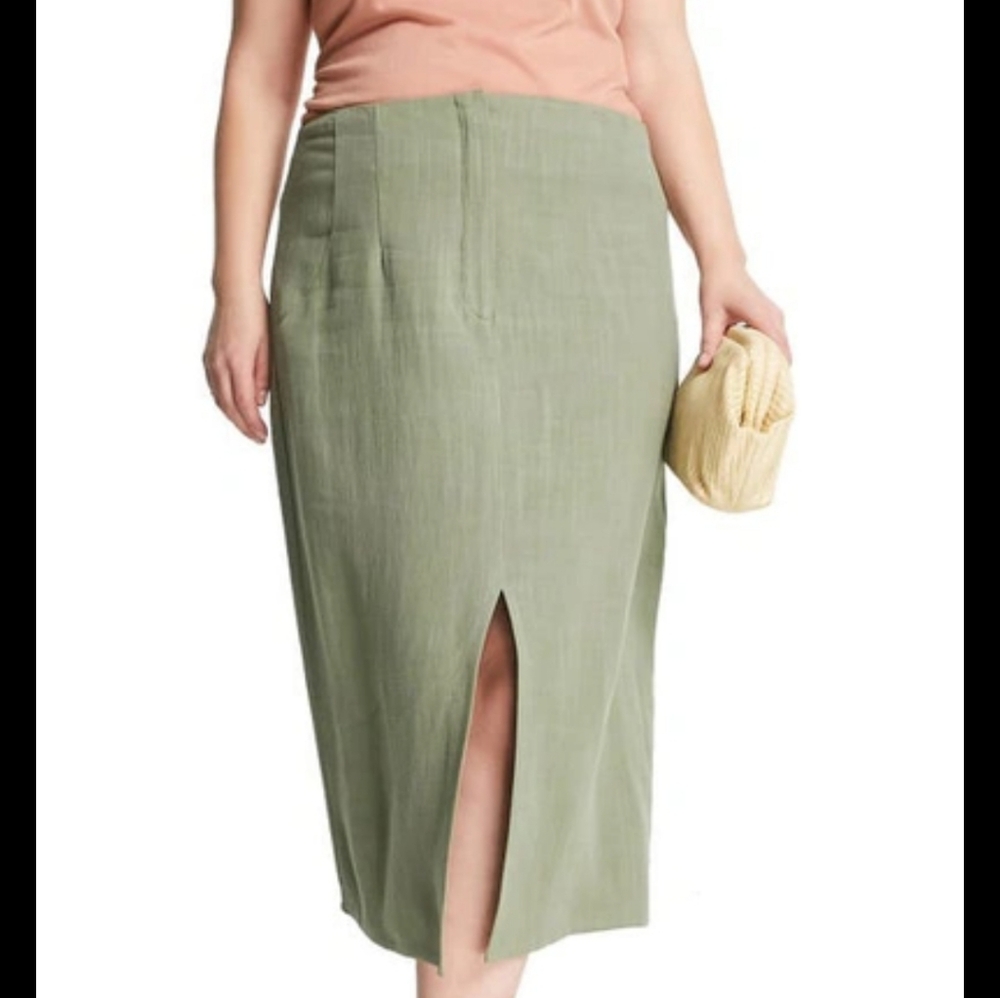 ASOS Curve Linen Midi Pencil Skirt With Split In Khaki-green